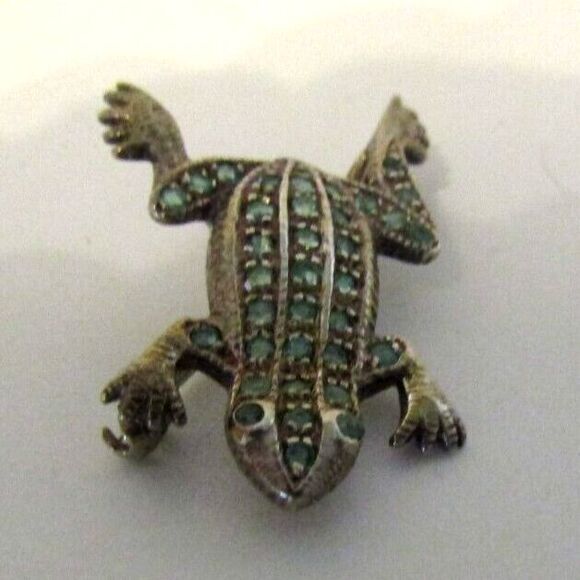 Vintage 925 Sterling Silver Emerald Frog Brooch Pin Thailand - Picture 3 of 9